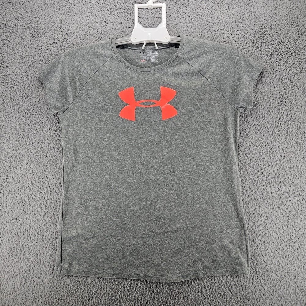 Under Armour HeatGear Gray Orange Logo T-Shirt Youth XL Womens Small Loose Fit